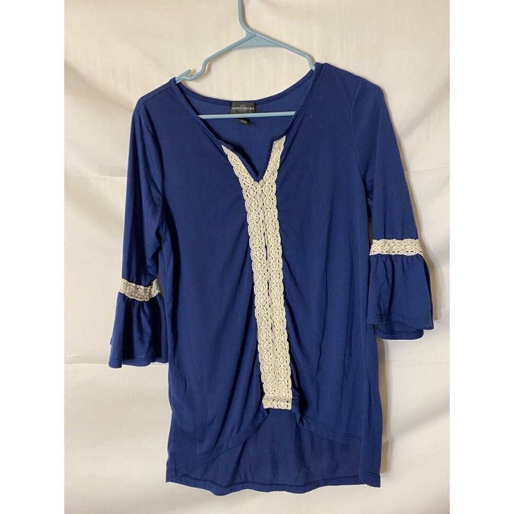 KAREN BROOKS NAVY BOHO STYLE TOP TUNIC crochet lace women’s‎ MEDIUM M 8/10